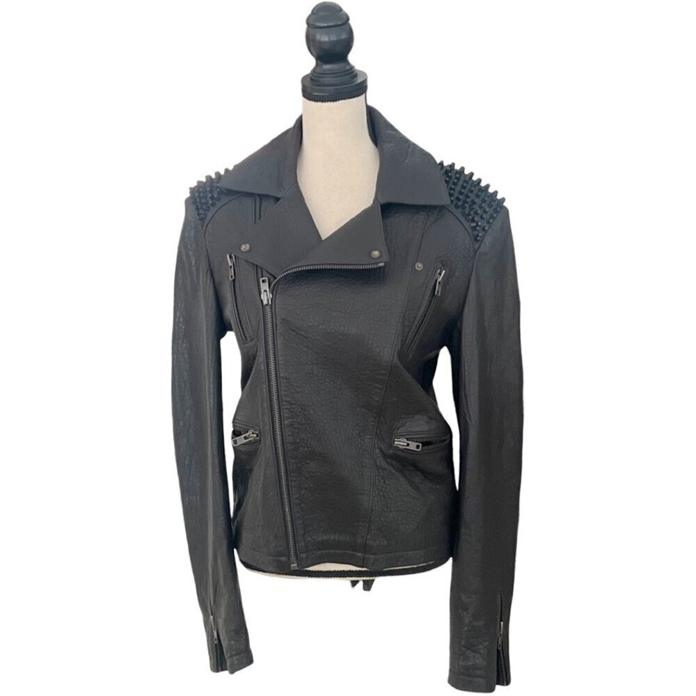 Lords & Fools lambskin black spike shoulders Moto leather jacket size 48